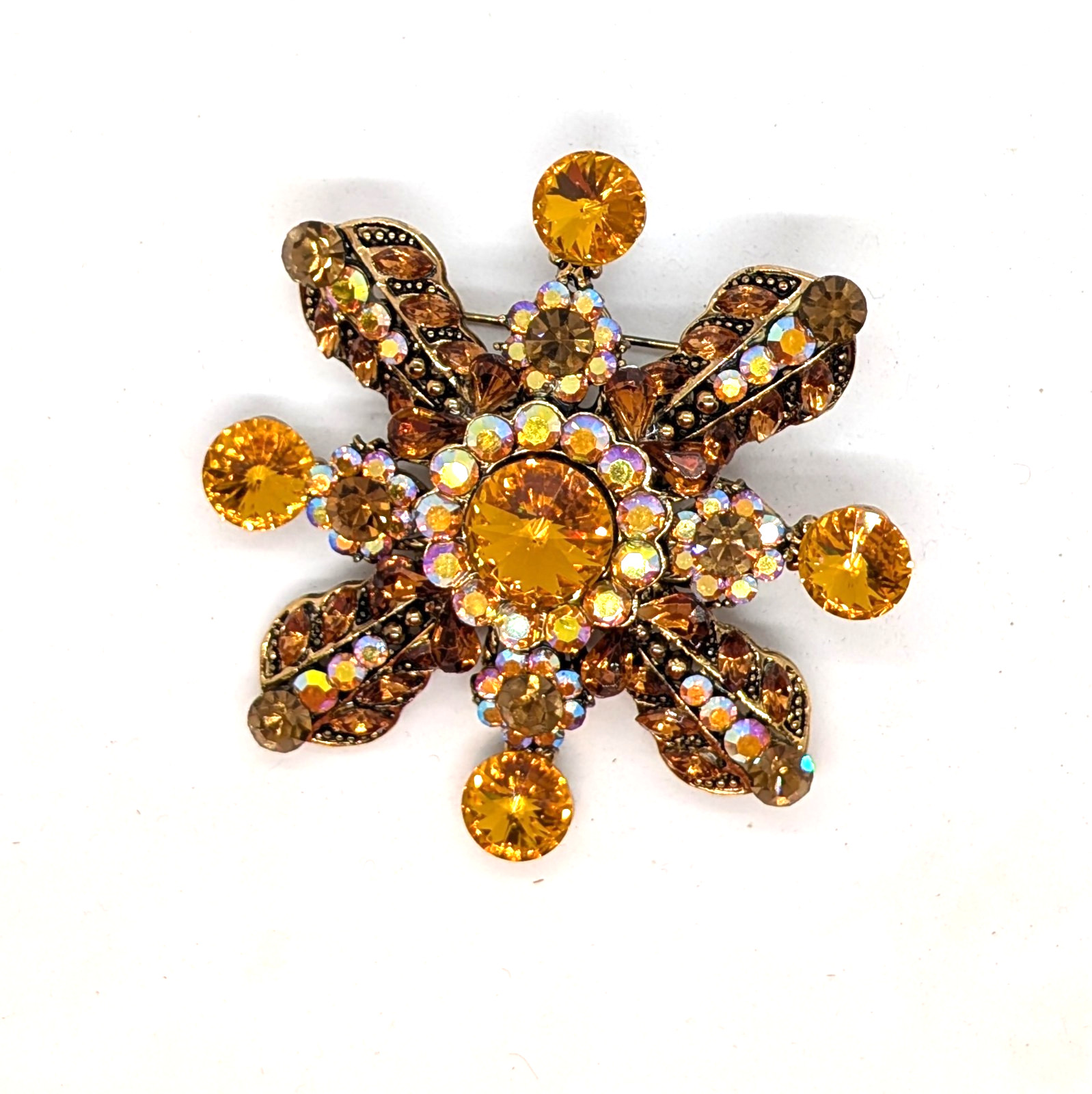 Vintage Floral Flower Rhinestone Brooch Pin Orange Brown Iridescent 2.75″ Autumn
