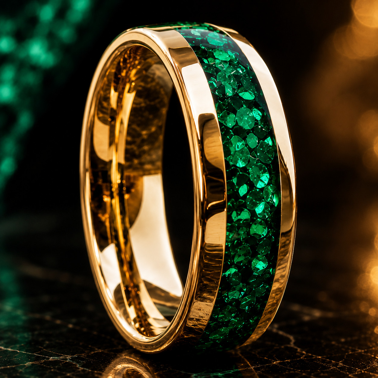 18K Gold Tungsten Ring Crushed Green Emerald Inlay Men’s Wedding Band 8mm