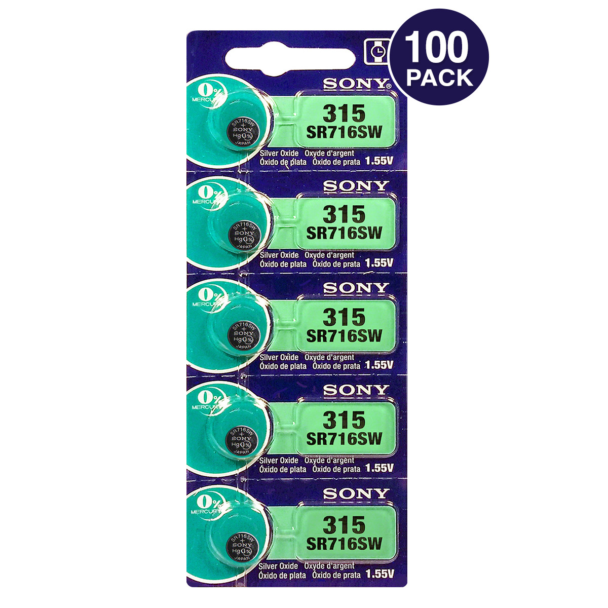 Sony 315 (SR716SW) 1.55V Silver Oxide 0%Hg Watch Battery (100 Pack) -EXP 08/2021