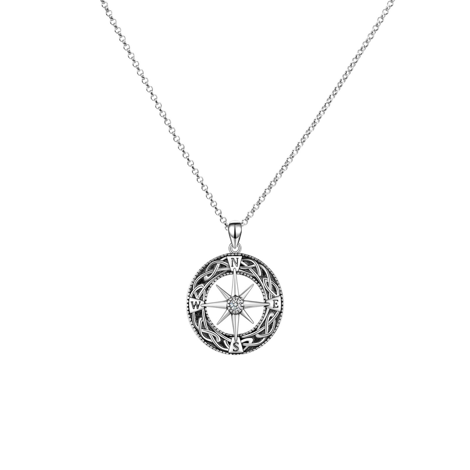 Runde Rolo Kette Halskette Anhänger Kompass Zirkon 925 Sterling Silber Dam/Herr