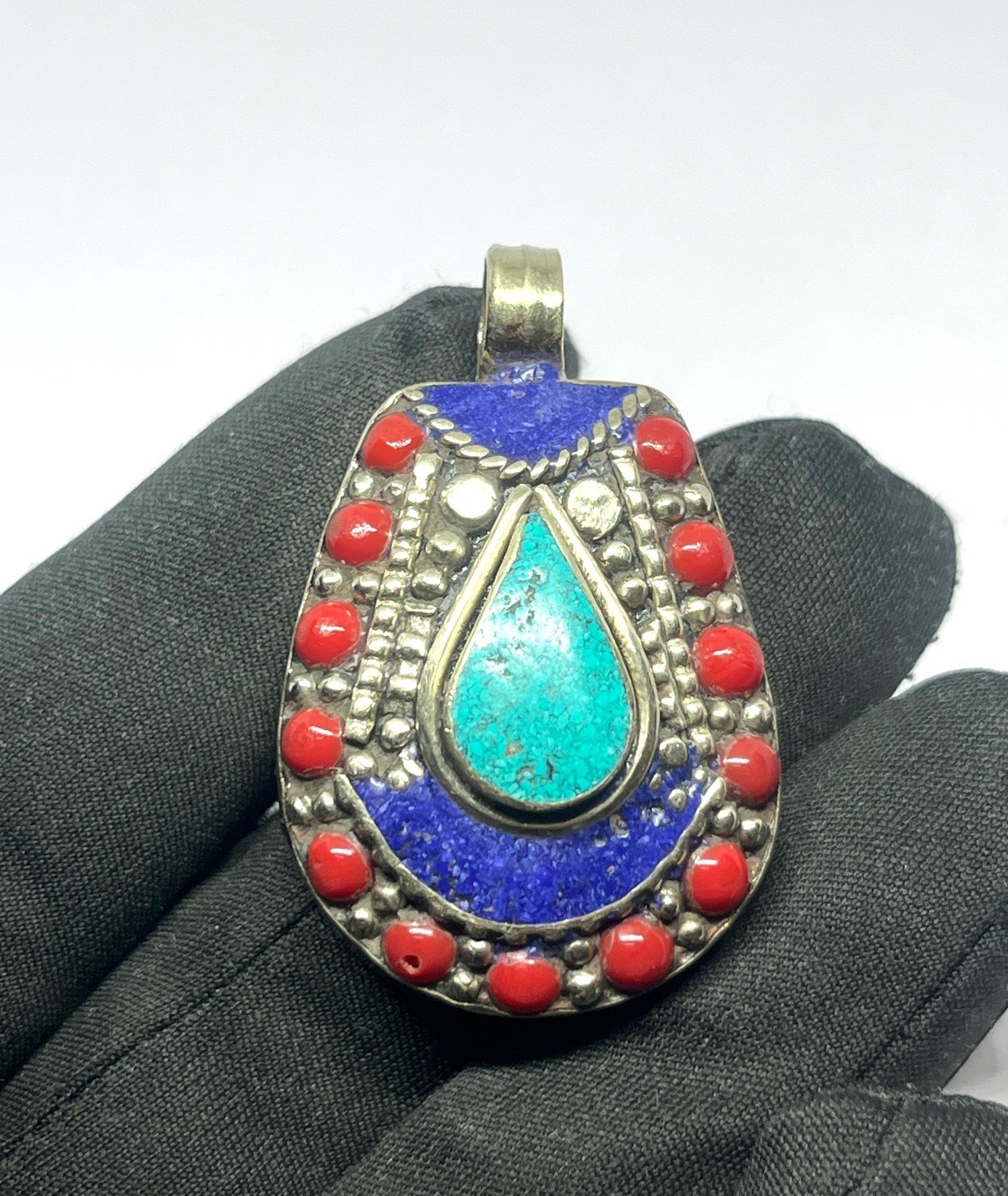 Red Coral, Turquoise Gemstone Tibetan Style Boho Pendant Jewelry, 1.6 inch