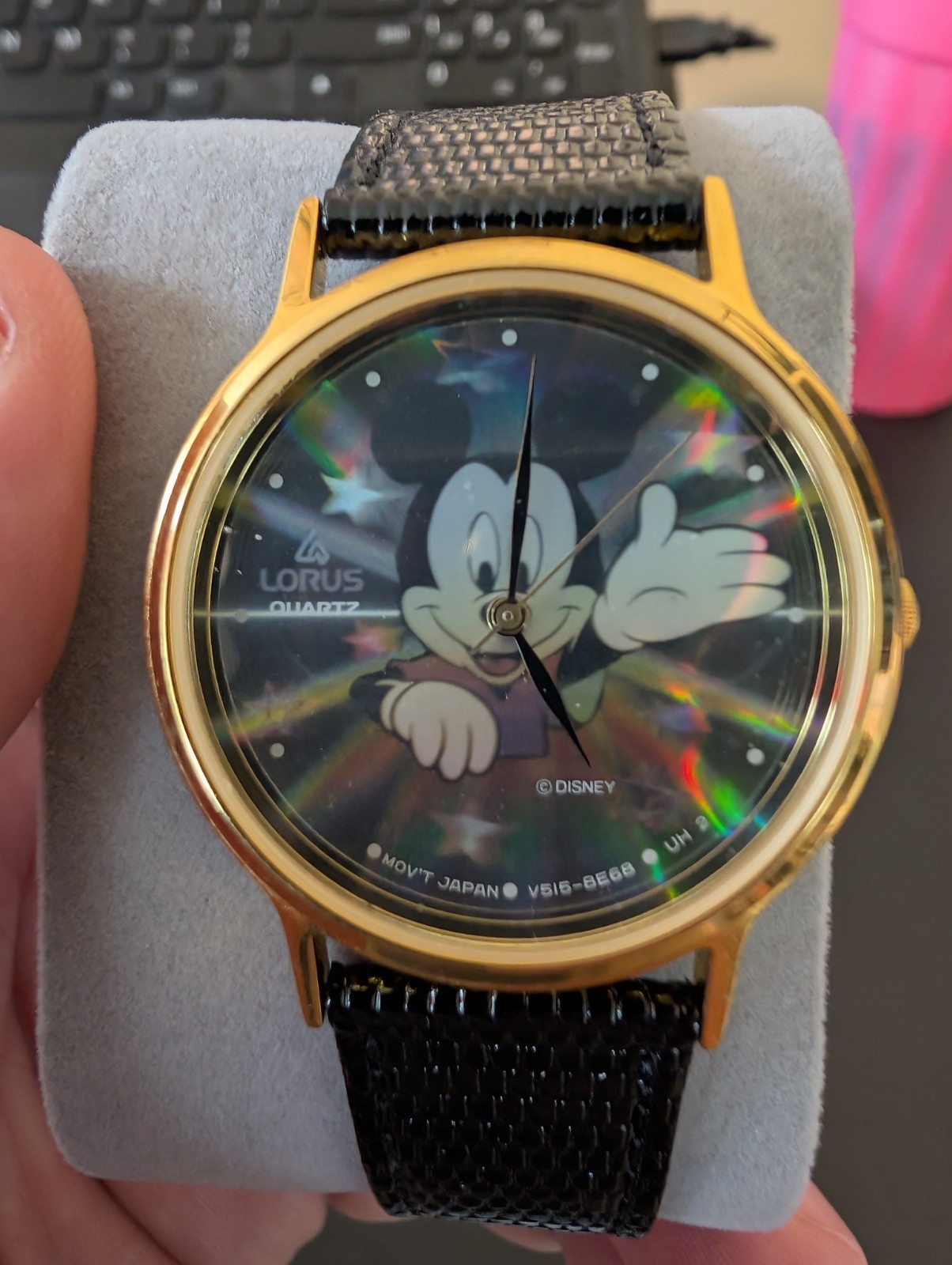 Vtg Lorus Seiko Disney Mickey Mouse Hologram Watch V515-8E68 Gold Tone New Batte