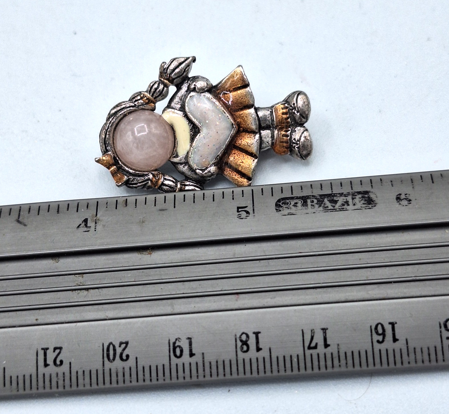 Vintage AJMC Silver Tone Girl with Heart Brooch, Rose Quartz Face