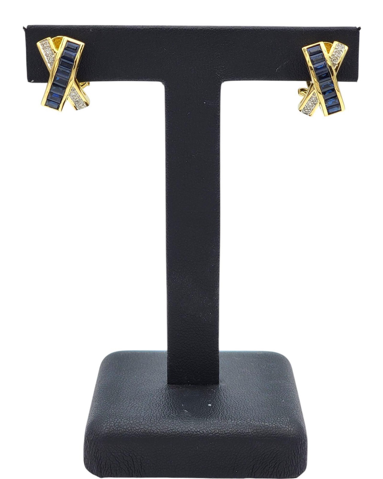 Le Vian Blue Sapphire and Diamond ‘X’ Omega Back Earrings 18 Karat Yellow Gold