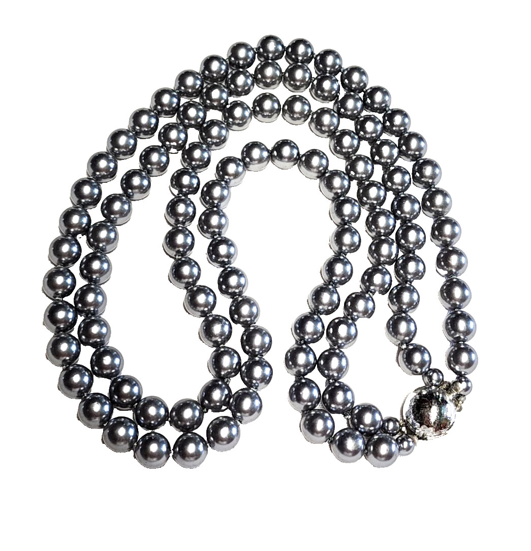 Vintage Silver Gray Long Faux Glass Pearl Necklace Pretty Push Lock Clasp 22”
