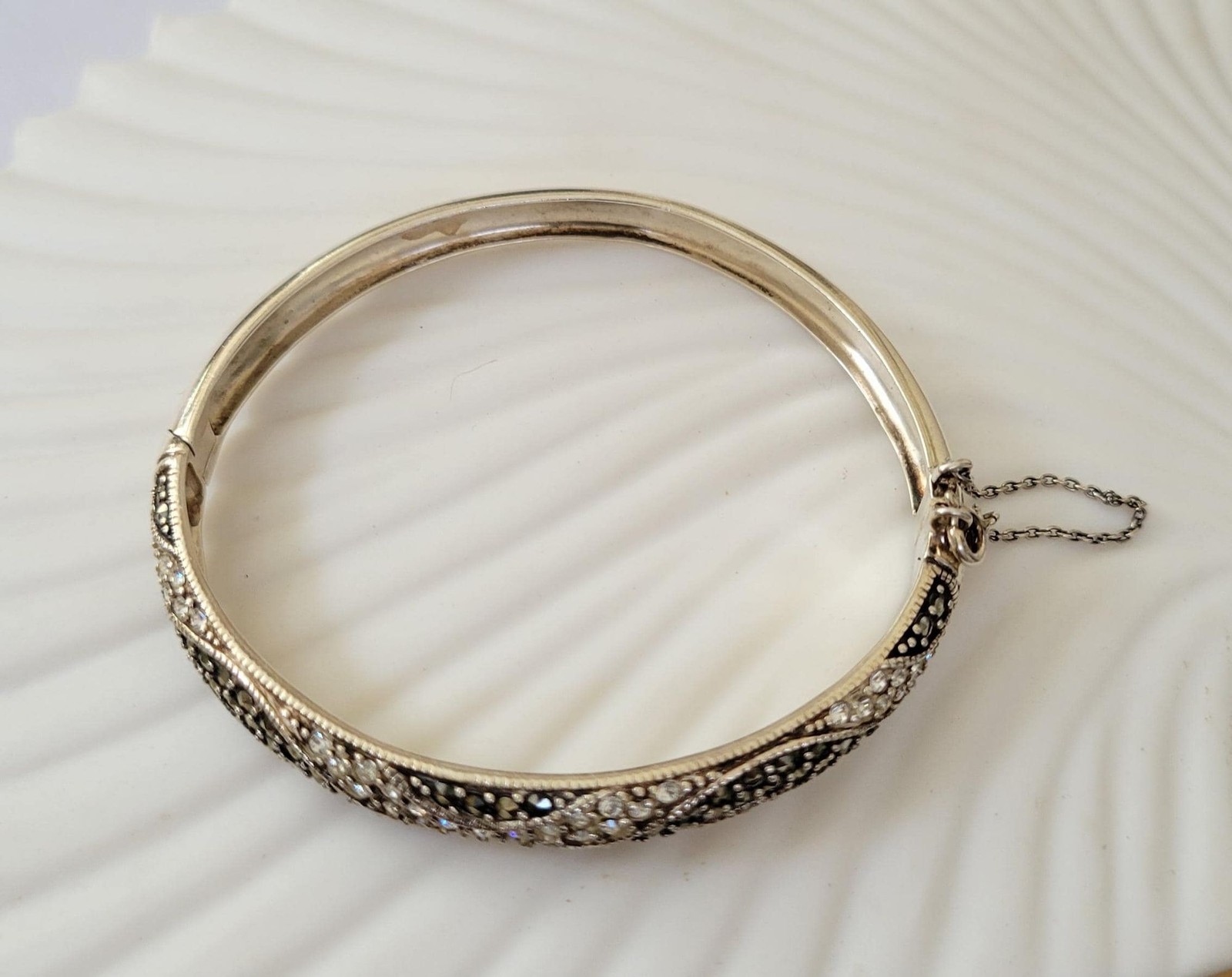 Vintage 925 Sterling Silver Marcasite Bangle Bracelet with Safety Chain