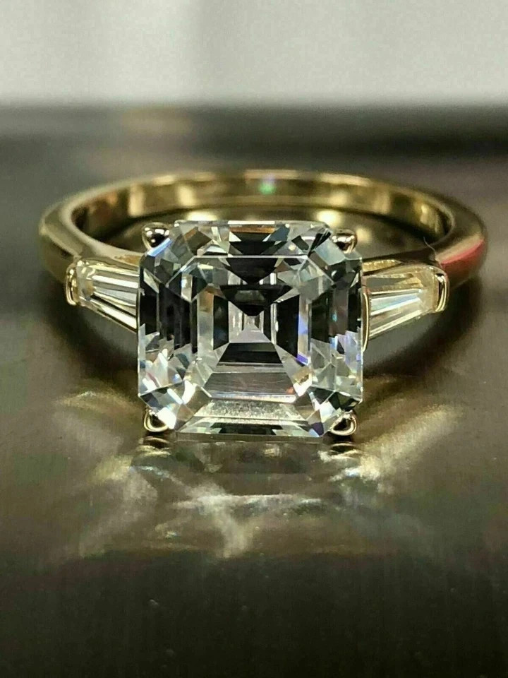 3Ct Asscher Lab-Created Diamond Three-Stone Women’s Ring 14k Yellow Gold Plated