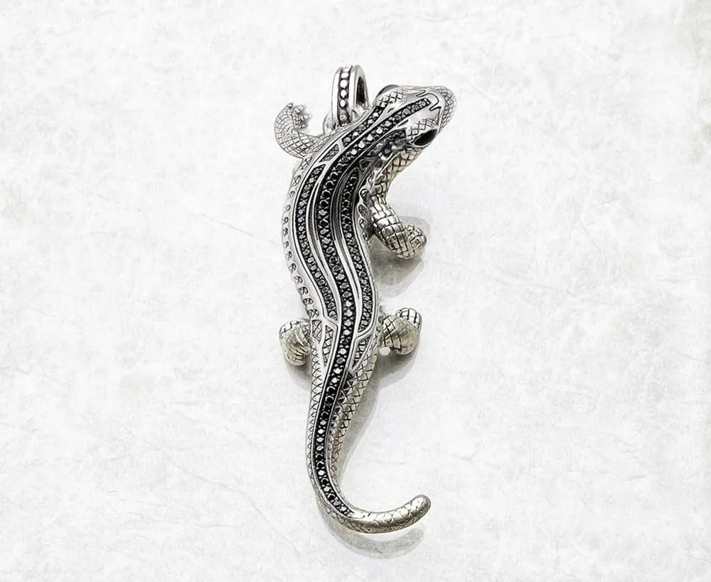 Lizard Black Onyx Pendant 925 Sterling Silver 2.6 Inch Long
