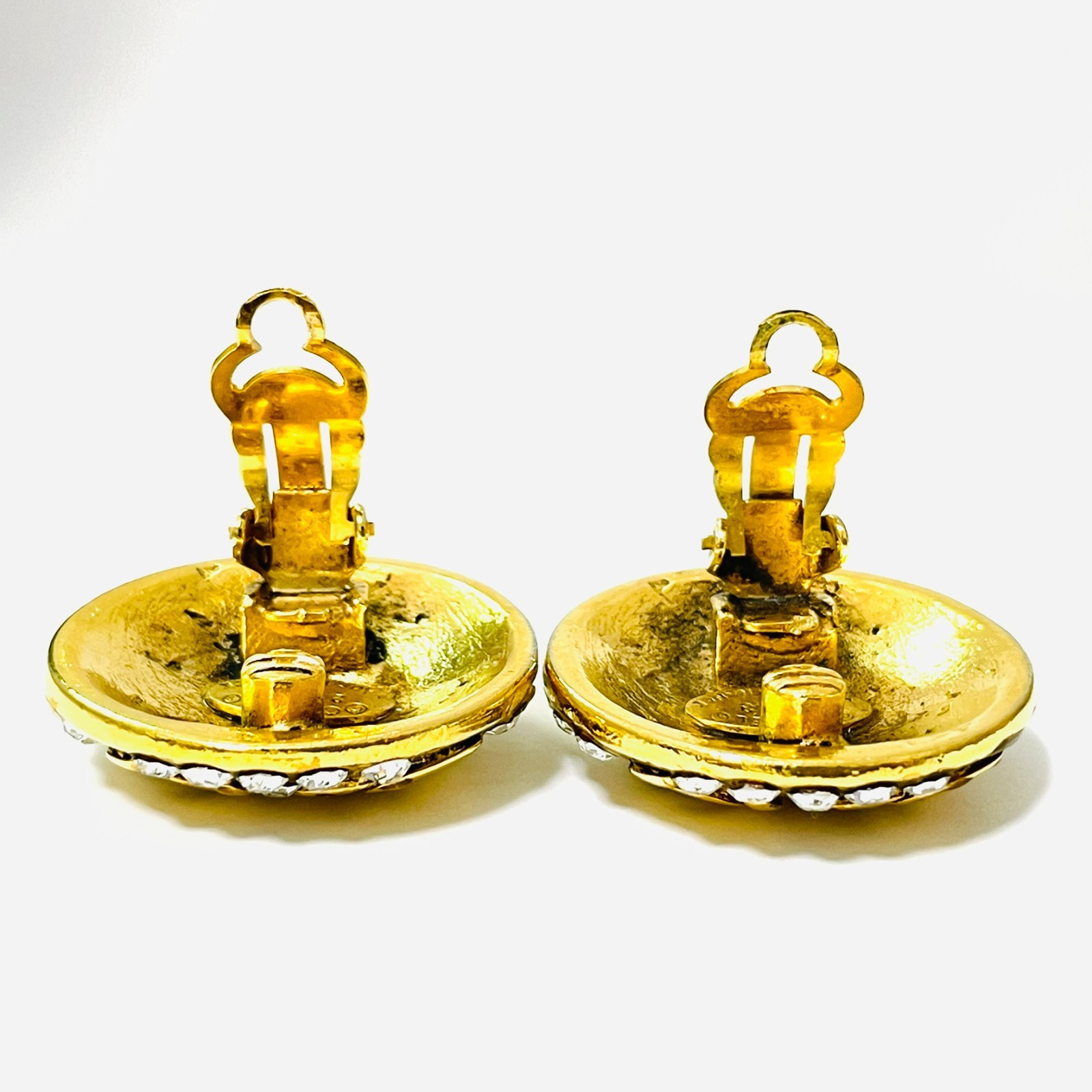 CHANEL 23 Coco Mark Rhinestone Earrings Gold CC Logo Vintage Clip-On JAPAN