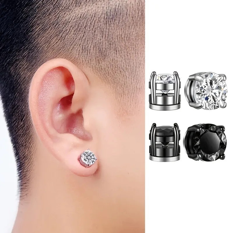 10 Pairs Magnetic Earrings Round Zircon Leaf Design Steel No Piercing Men