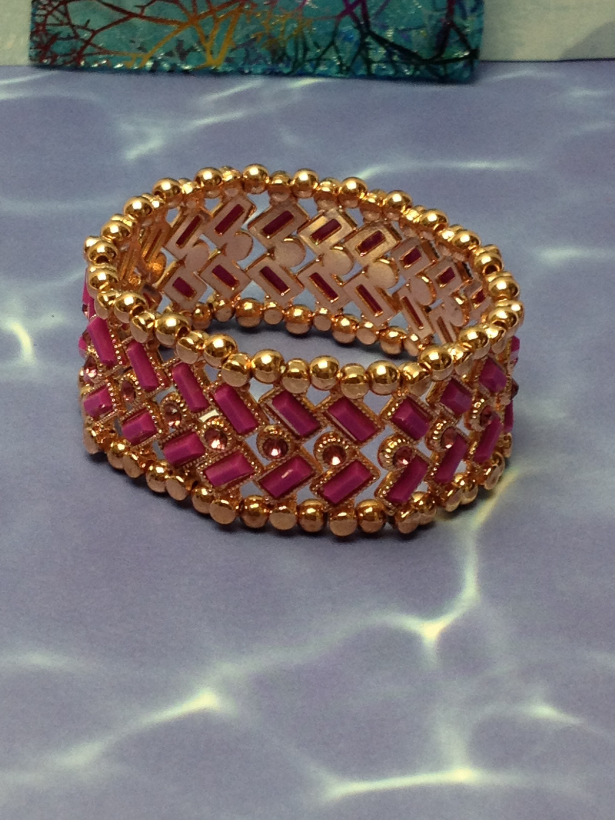 Women Rose Gold Stretch Bracelet w/ Double Row Purple Stones & Pink Crystals NEW