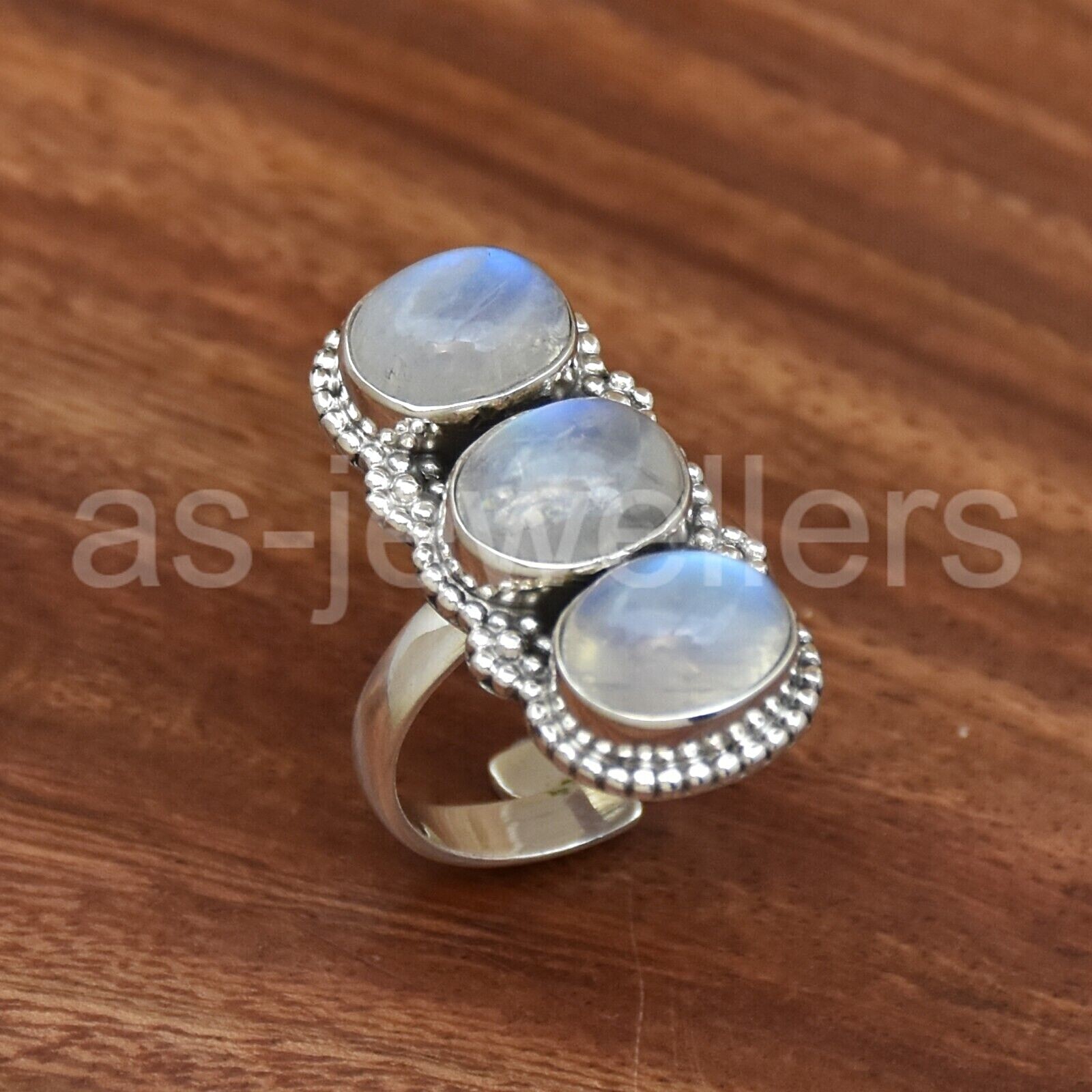 925 Sterling Silver, Rainbow Moonstone Ring, Jewelry for girls, Three Gems Ring