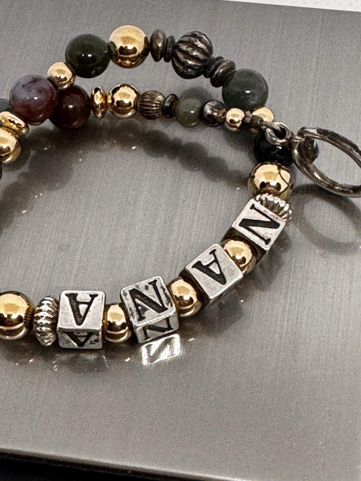 Vintage Sterling Silver NANA Bracelet 8.5” 22.4g Natural Jade Beads Toggle