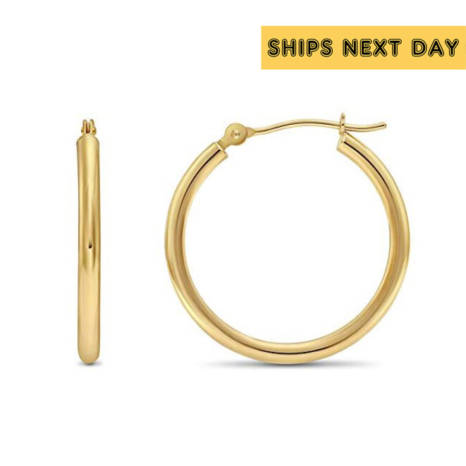 14K Real Solid Gold 1″ Large Round Creole Hoop Earrings Lightweight Large Hoops