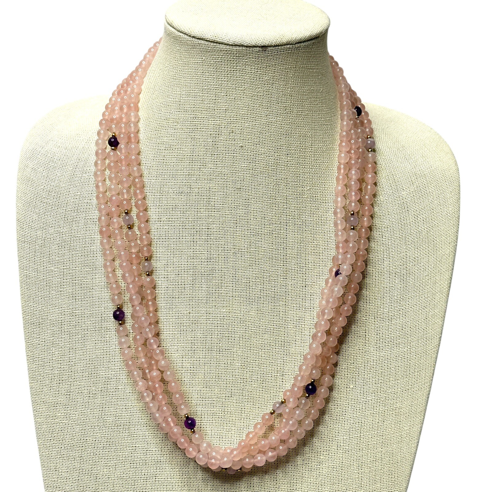 Rose Quartz Necklace with Amethyst & Gold Tone Spacer Accents 4 Strands & 24 In
