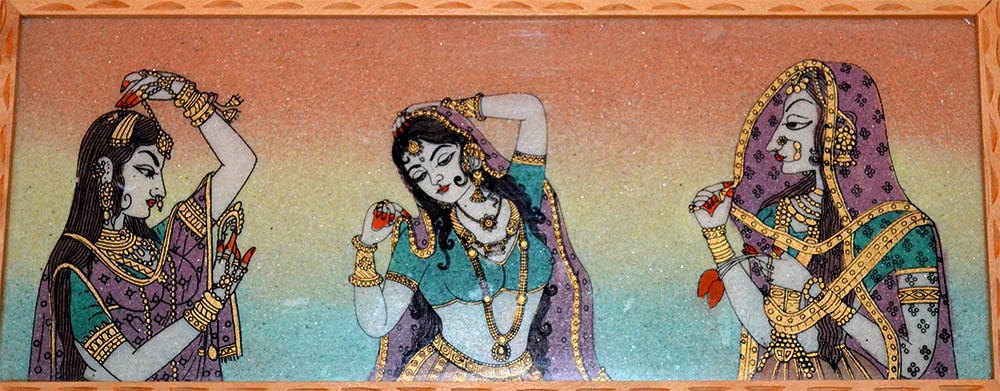 Designer carved wooden jewelry box with gem stone painting on top from India!