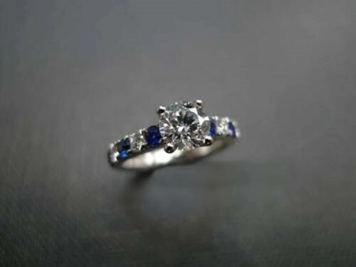 Round Cut Lab Created Diamond & Blue Sapphire Engagement 925 Silver Gift Ring