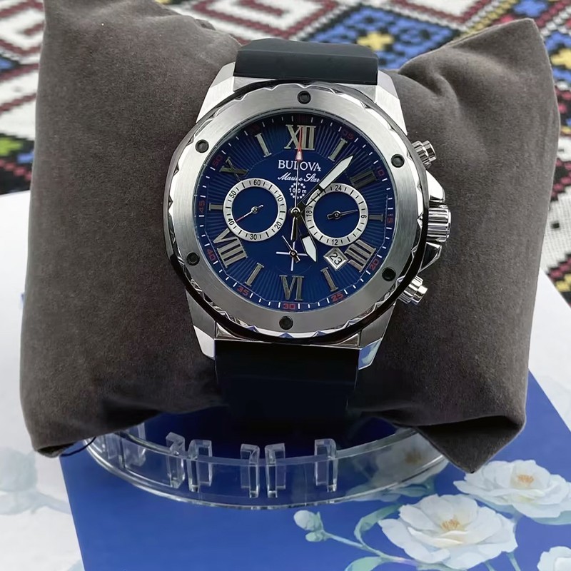 Bulova Men’s Blue Dial Black Rubber Strap Marine Star Quartz 98B258 Watch 44mm