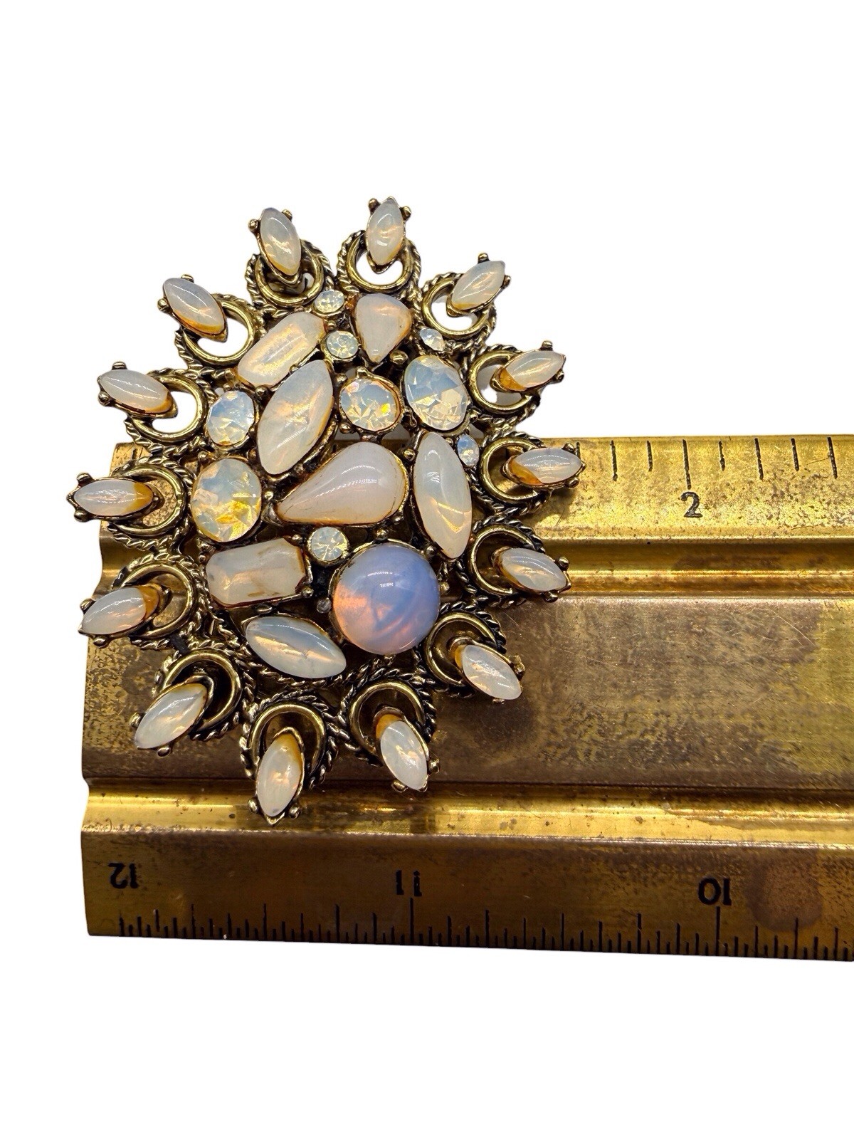 Vtg Hollycraft Set Brooch Dangle Earrings Fiery Opal Rhinestone Gold 50s 60s C
