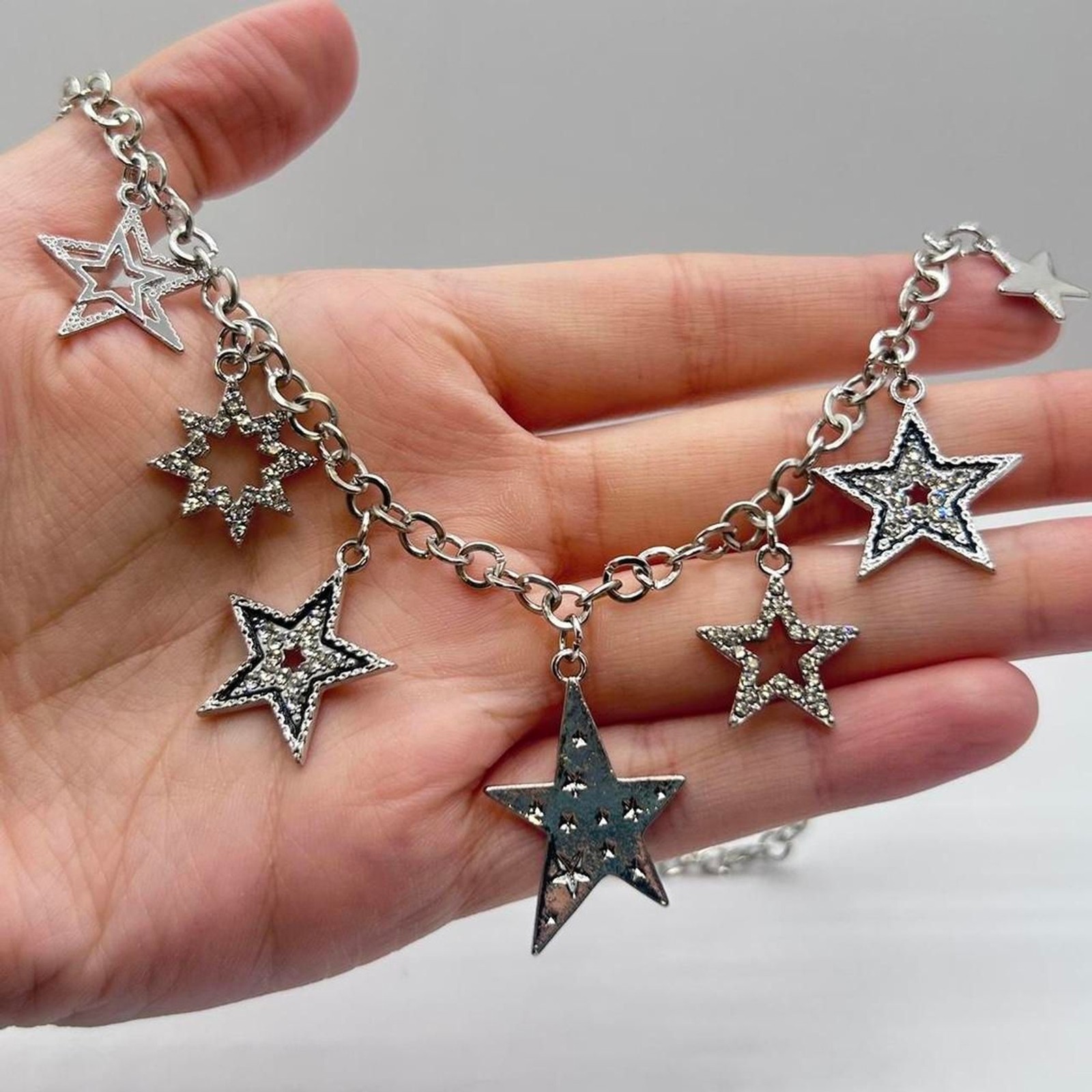 Silver Tone Star Charm Necklace Statement Celestial 19” + Extender