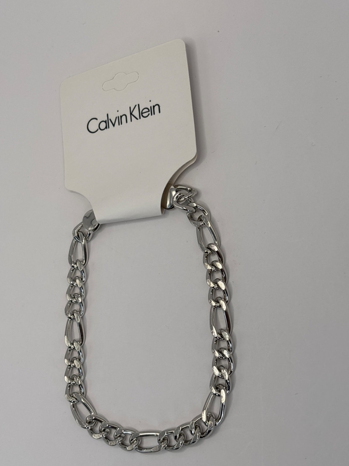 Calvin Klein Mens 14k White Gold Plated Silver Tone Figaro Chain Bracelet NEW