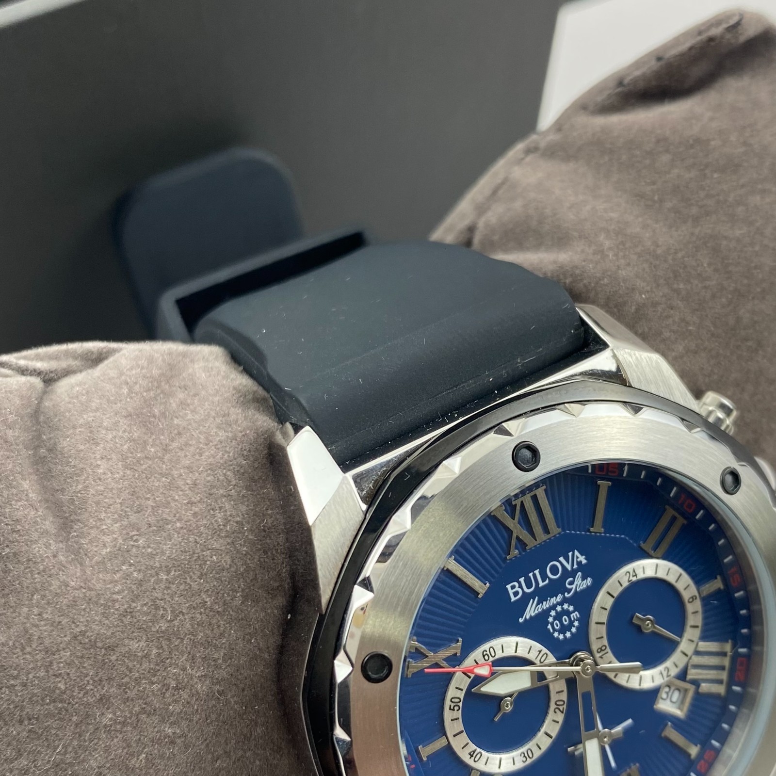 Bulova Marine Star 98B258 Quartz Blue Dial Black Rubber Strap Men’s Watch 44mm
