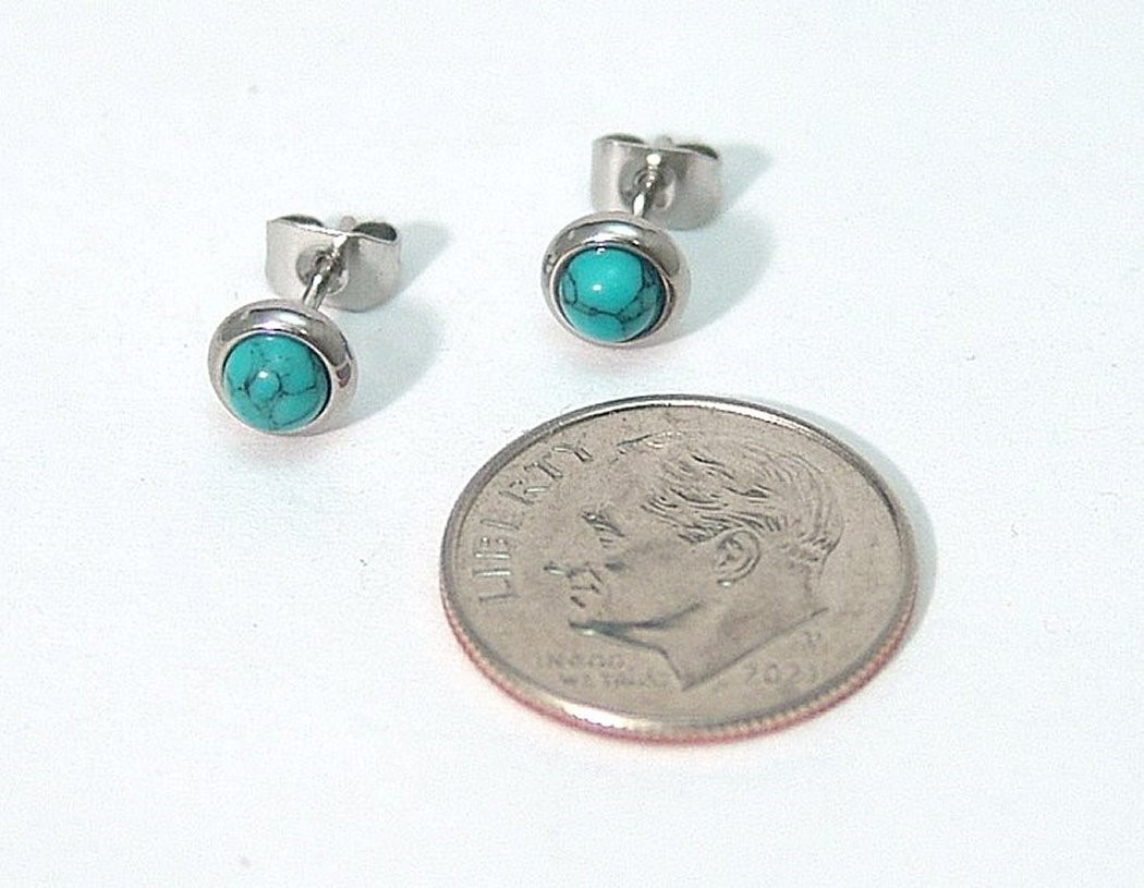 Turquoise Stud Earrings Semi Precious Surgical Steel Hypoallergenic Small