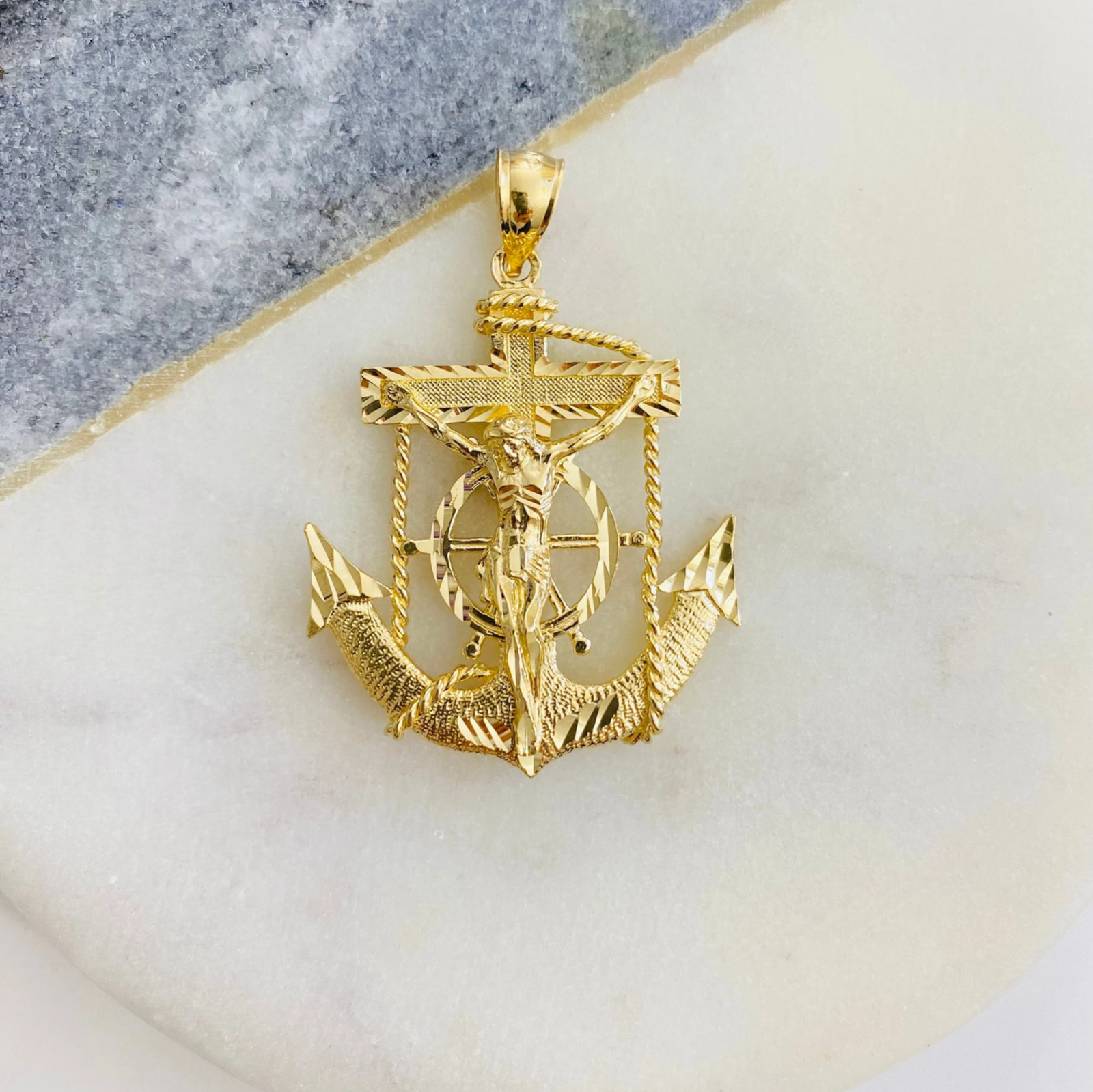 14K Solid Gold Anchor Jesus Christ Mariner Cross Pendant – 1.7 inches – PT1223