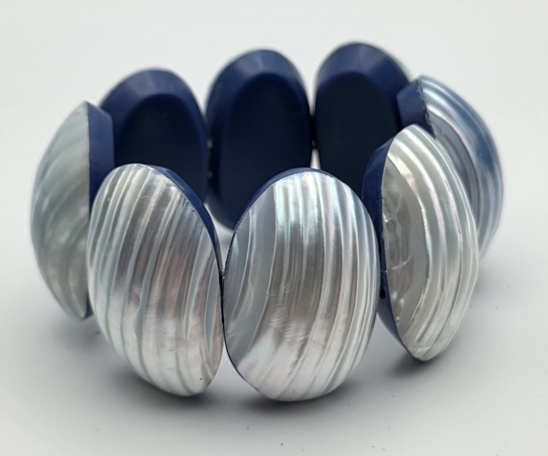 Blue Faux Shell Oval Link Stretch Bracelet 6 in 1.5 in Wide Statement