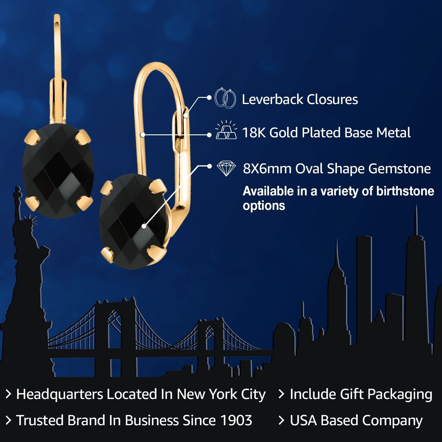 18K Yellow Gold Plated Silver Onyx Earrings for WomenWomen | 3.20 Cttw |