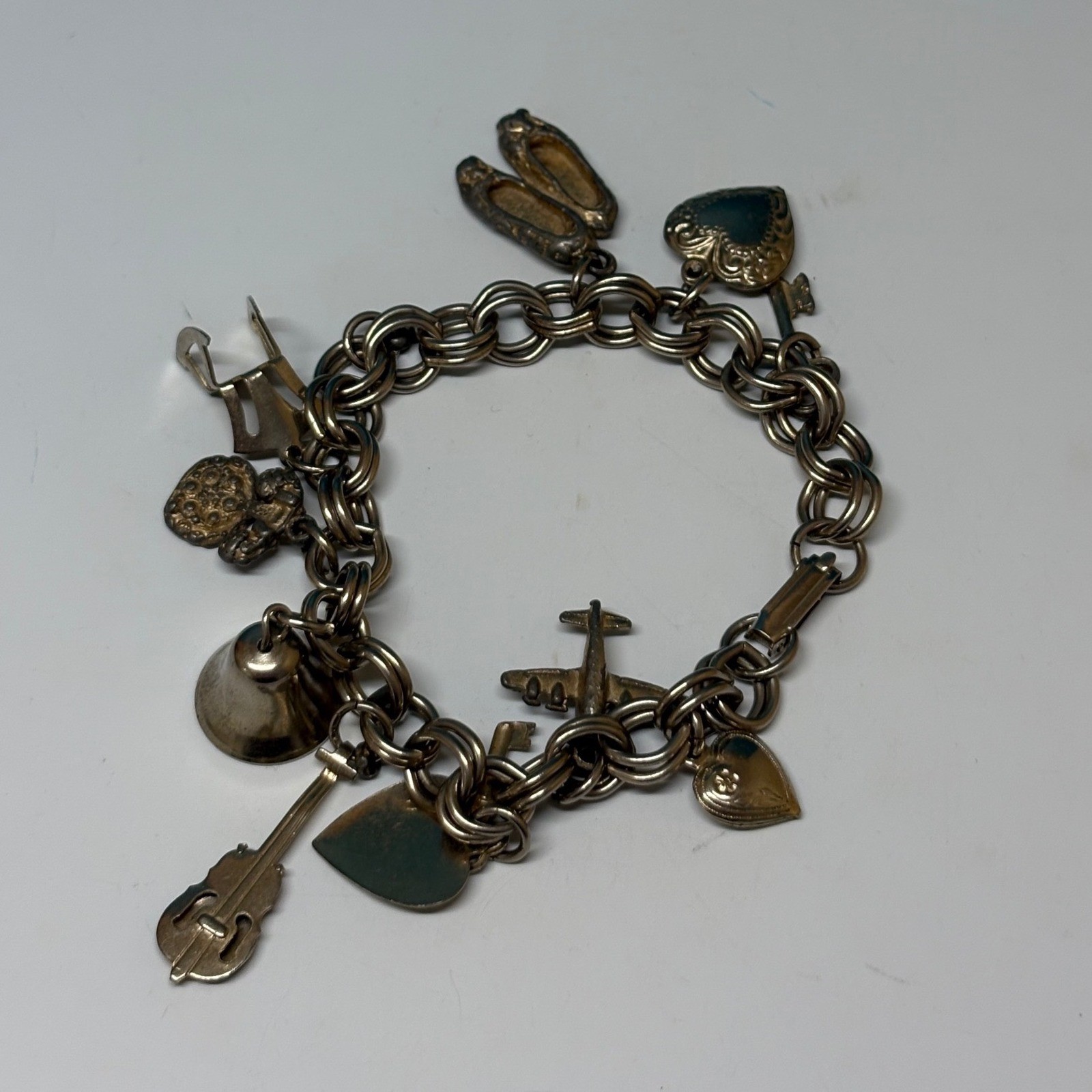 Vintage Silver Tone Double Link Charm Bracelet Bell Violin Airplane Heart