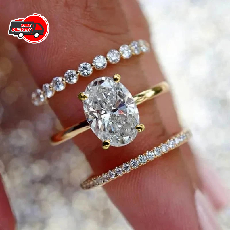 ONE SET 3 PCS Women 18k Gold Plated Sparkling CZ Oval Band Ring Engagement