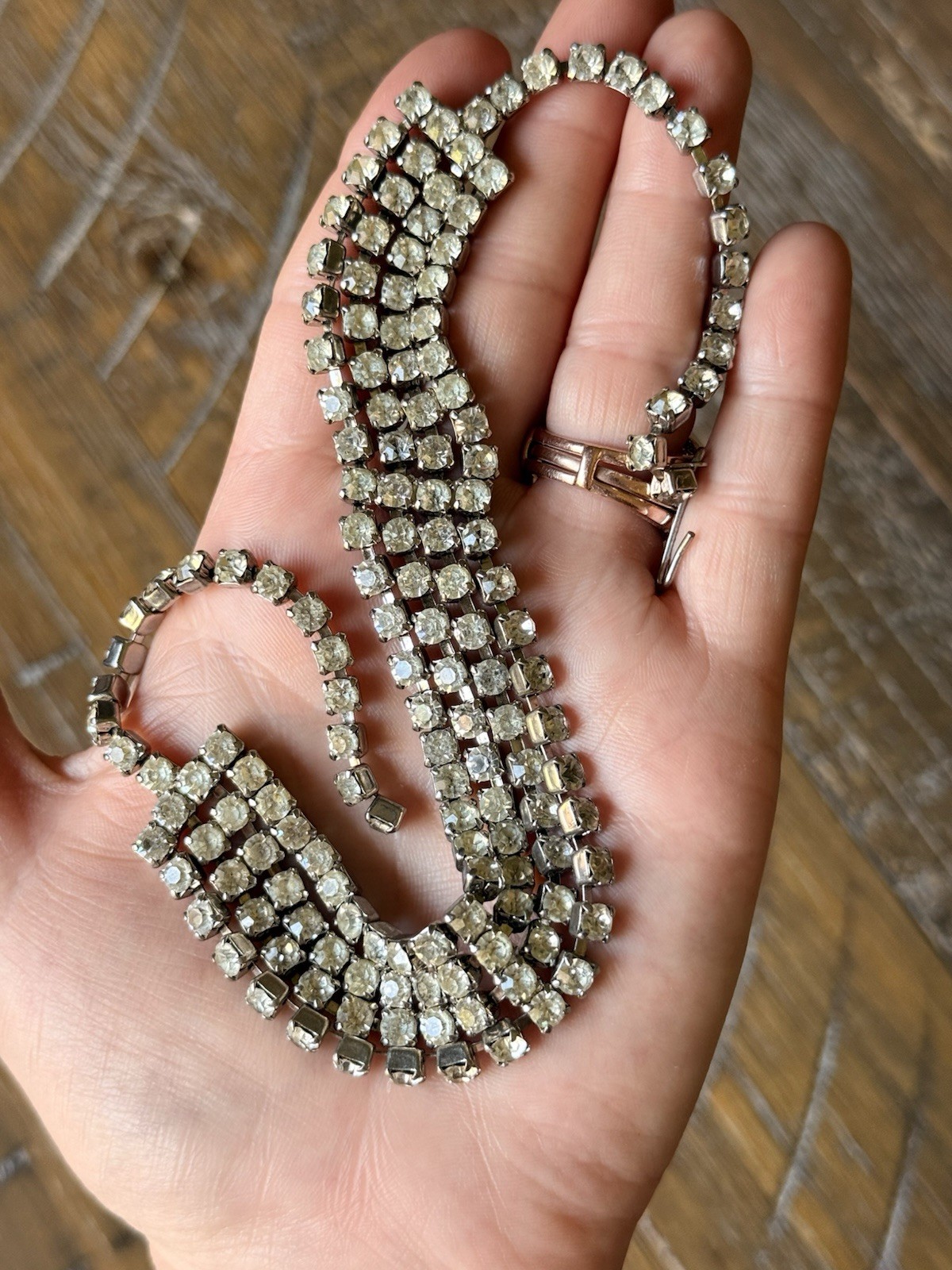 Vintage 1950’s Four Row Rhinestone Choker Style Necklace Silver Tone 15” Inch