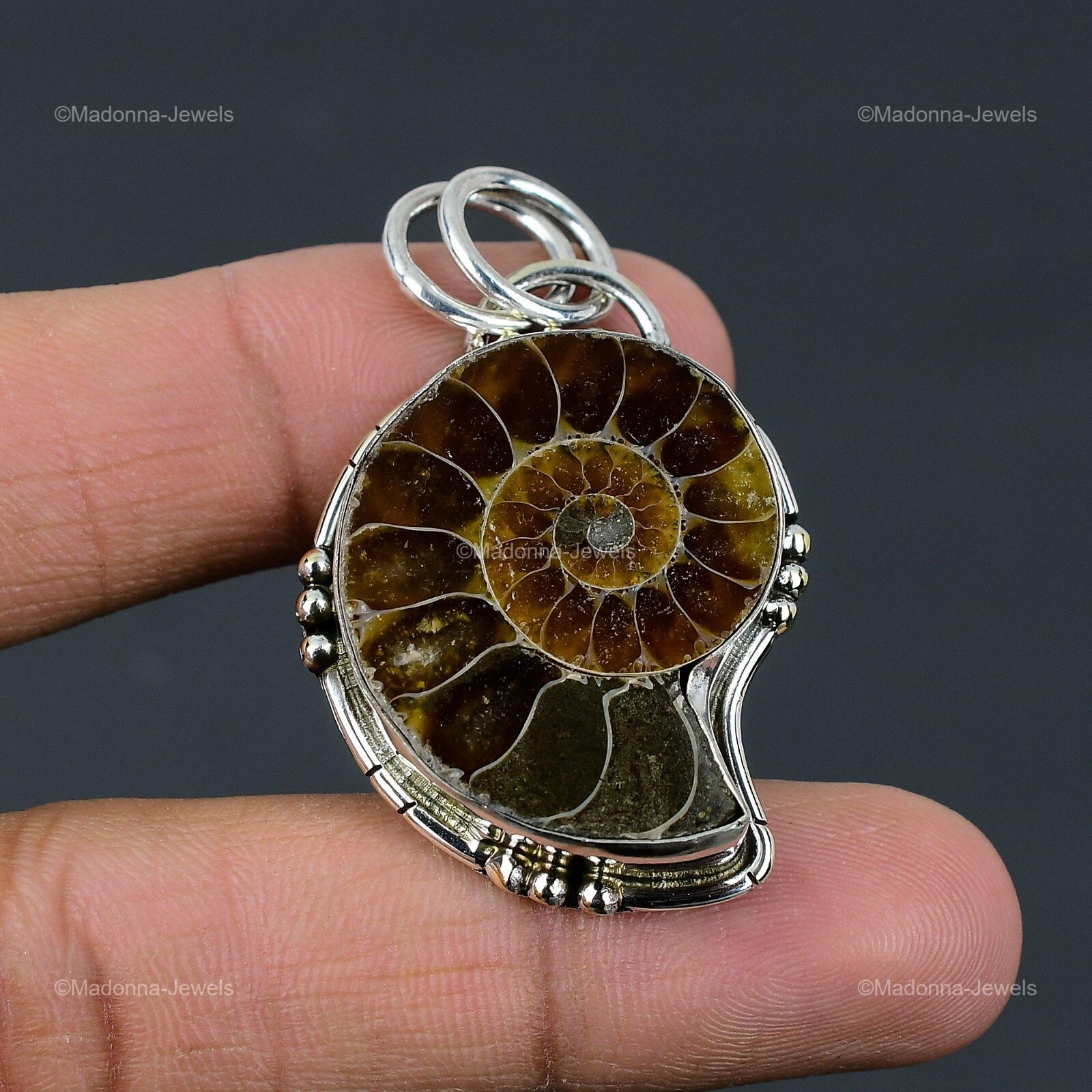 Ammonite Fossil Gemstone 925 Sterling Silver Vintage Bezel Wife Pendant Jewelry