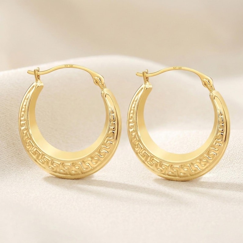 14K Real Solid Yellow Gold Greek Key Curved Round Creole Hoop Earrings 16MM 18MM