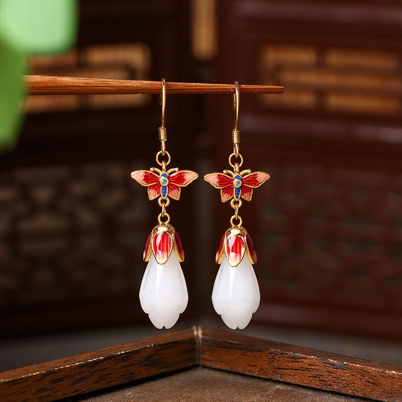 New Chinese Butterfly Enamel Jade Stud Earrings