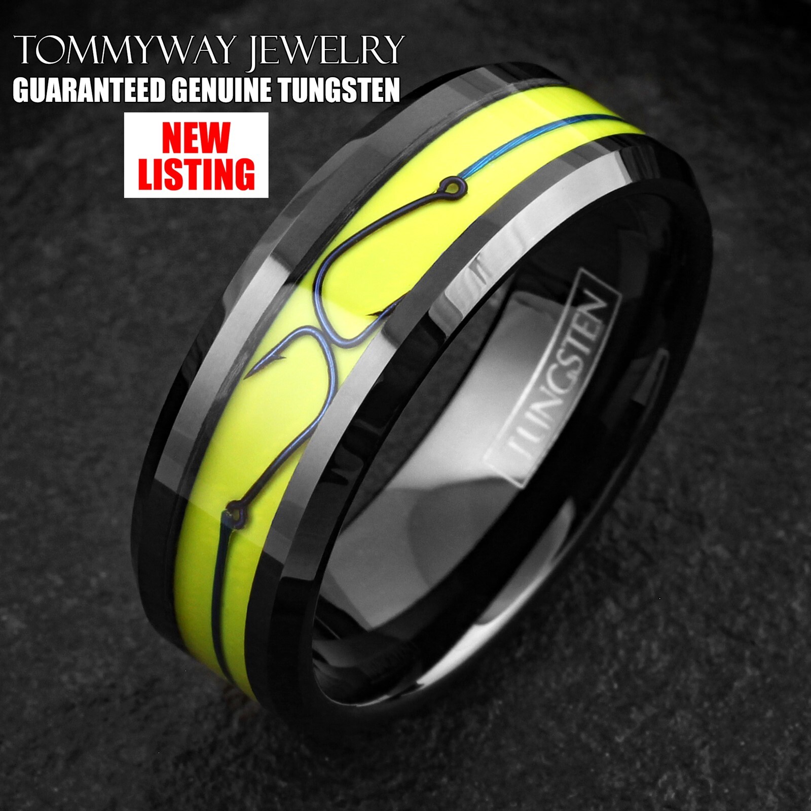 8mm Black Tungsten Yellow Enamel w/ Blue Fishing Line & Hook Wedding Band Ring