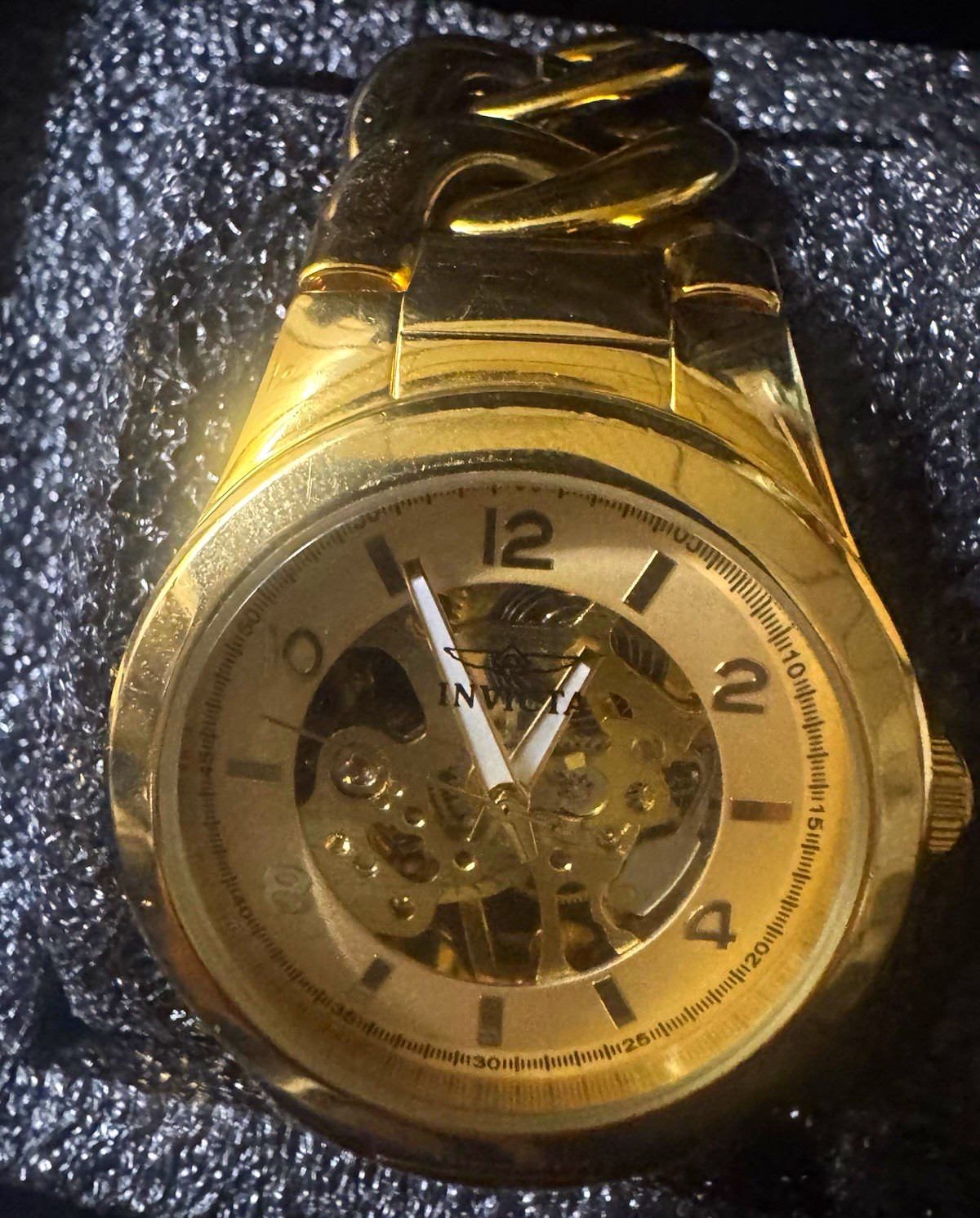 Invicta Angel Gold Tone Cuban Link Skeleton Automatic Watch 44mm 20 Jewels