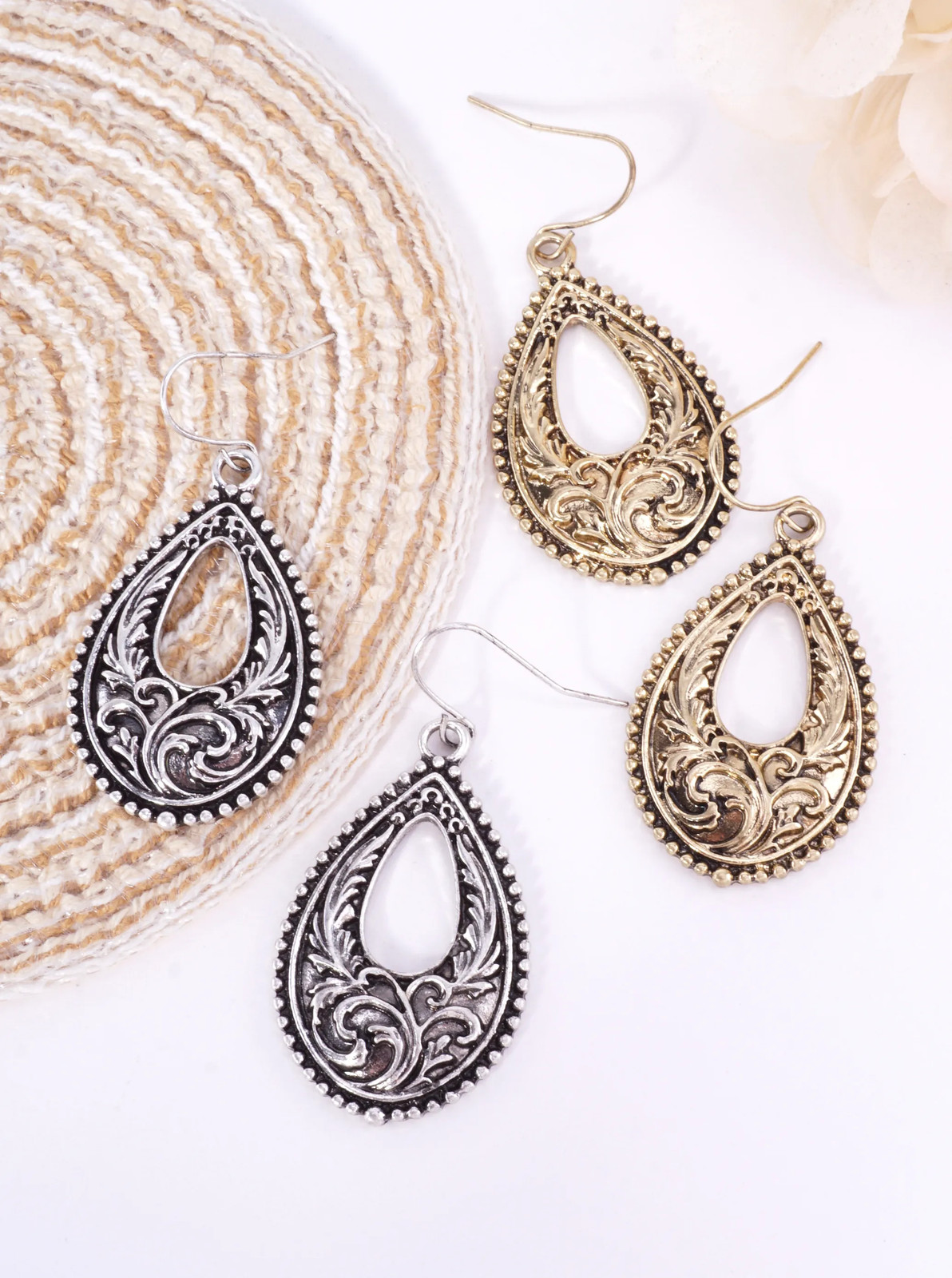 Western Filigree Teardrop Dangle Earrings 1.4in, Oxidized, Fish Hook
