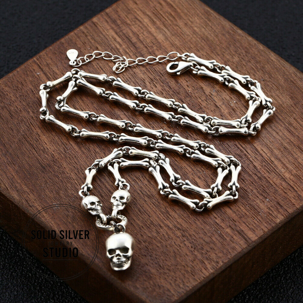 Authentic Solid S925 Sterling Silver Skull Bone Joining Necklace Pendant Chain