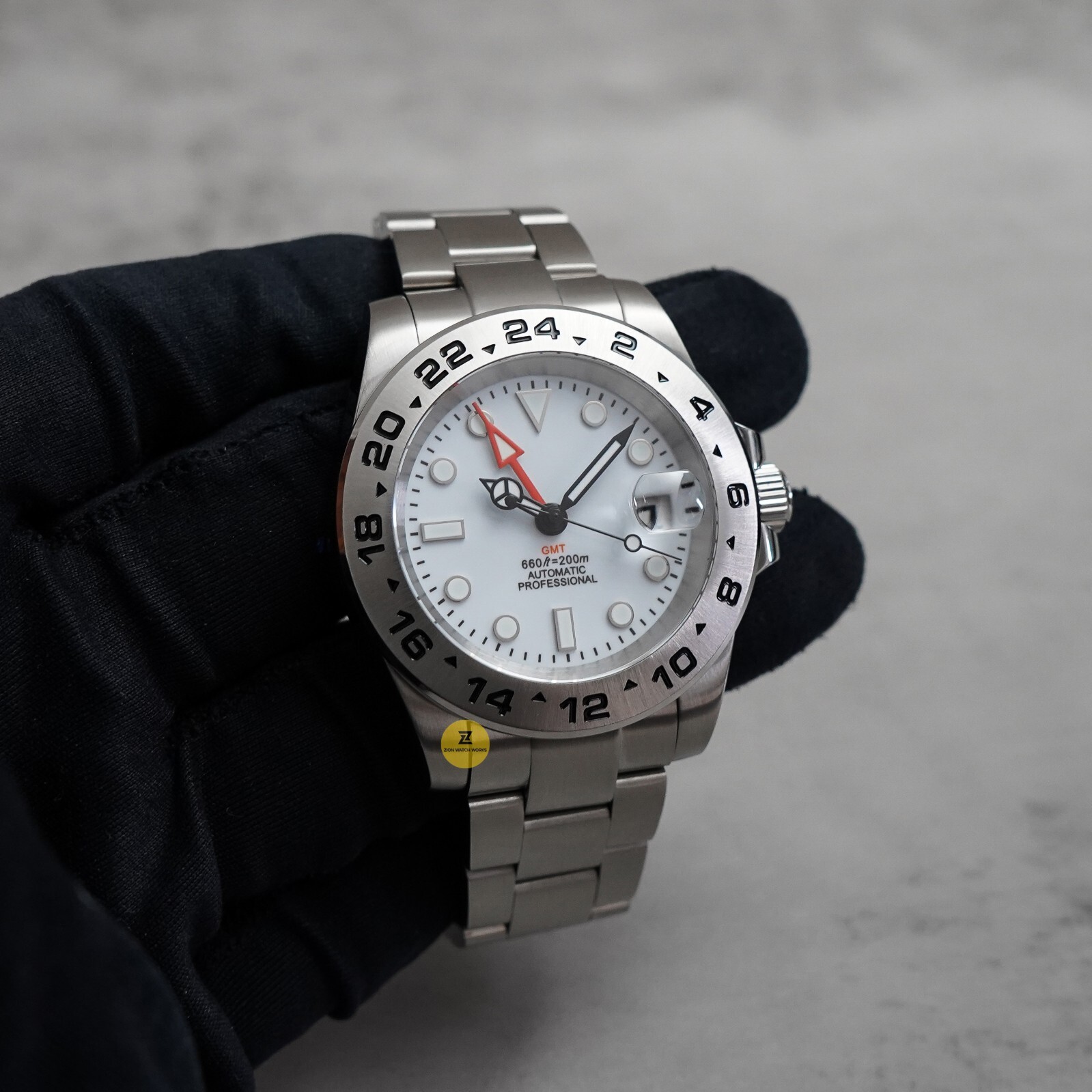 40mm White Custom Explorer 2 GMT Mod Watch NO LOGO w/ NH34 Automatic Mvmt