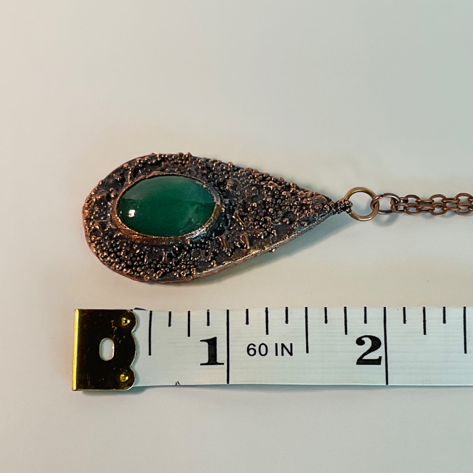 Copper Necklace Jade Gem Stone Handmade Jewelry Pendant 18” Chain Metal Teardrop