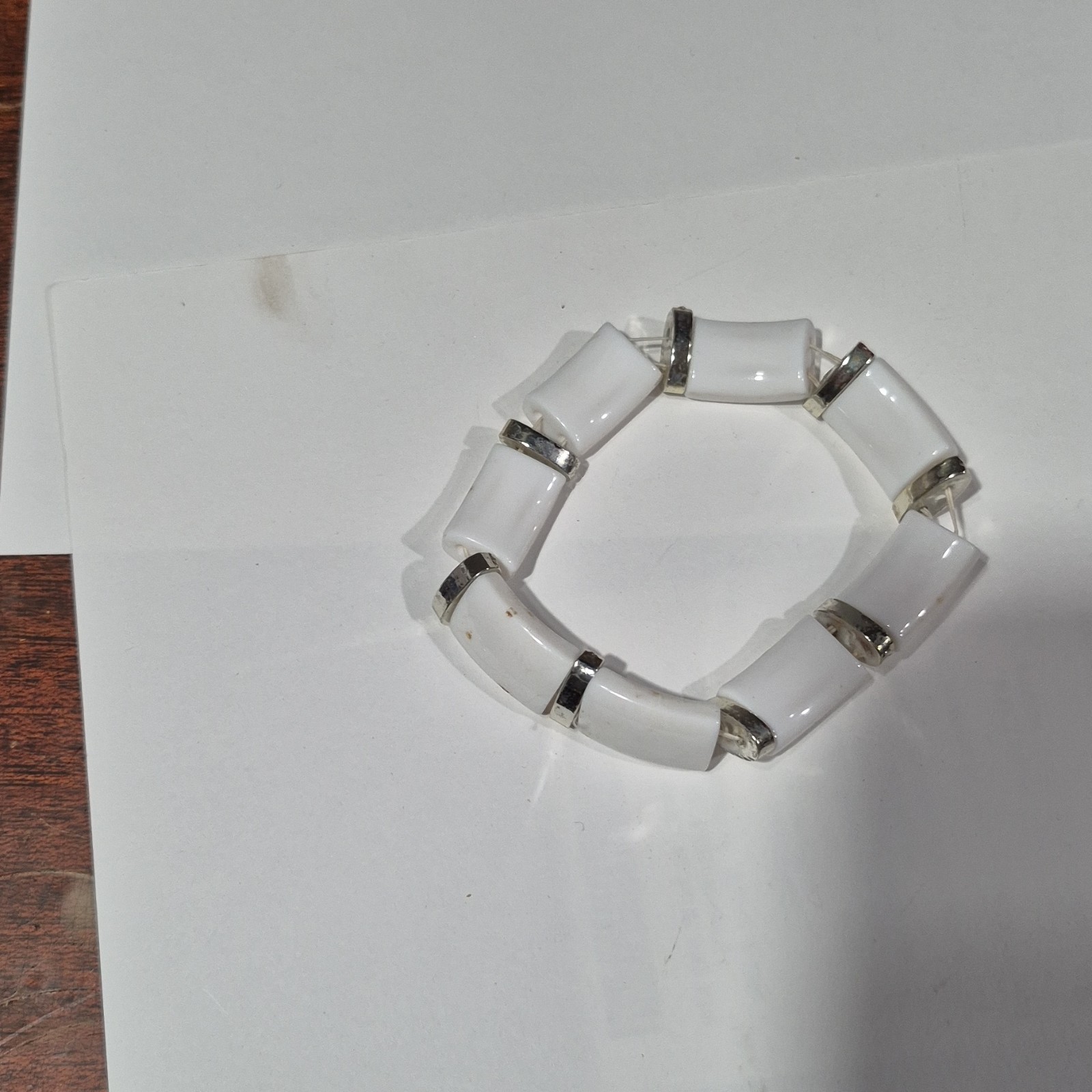 White Plastic Stretch Beaded Bracelet, Silver Tone Spacers, No Clasp