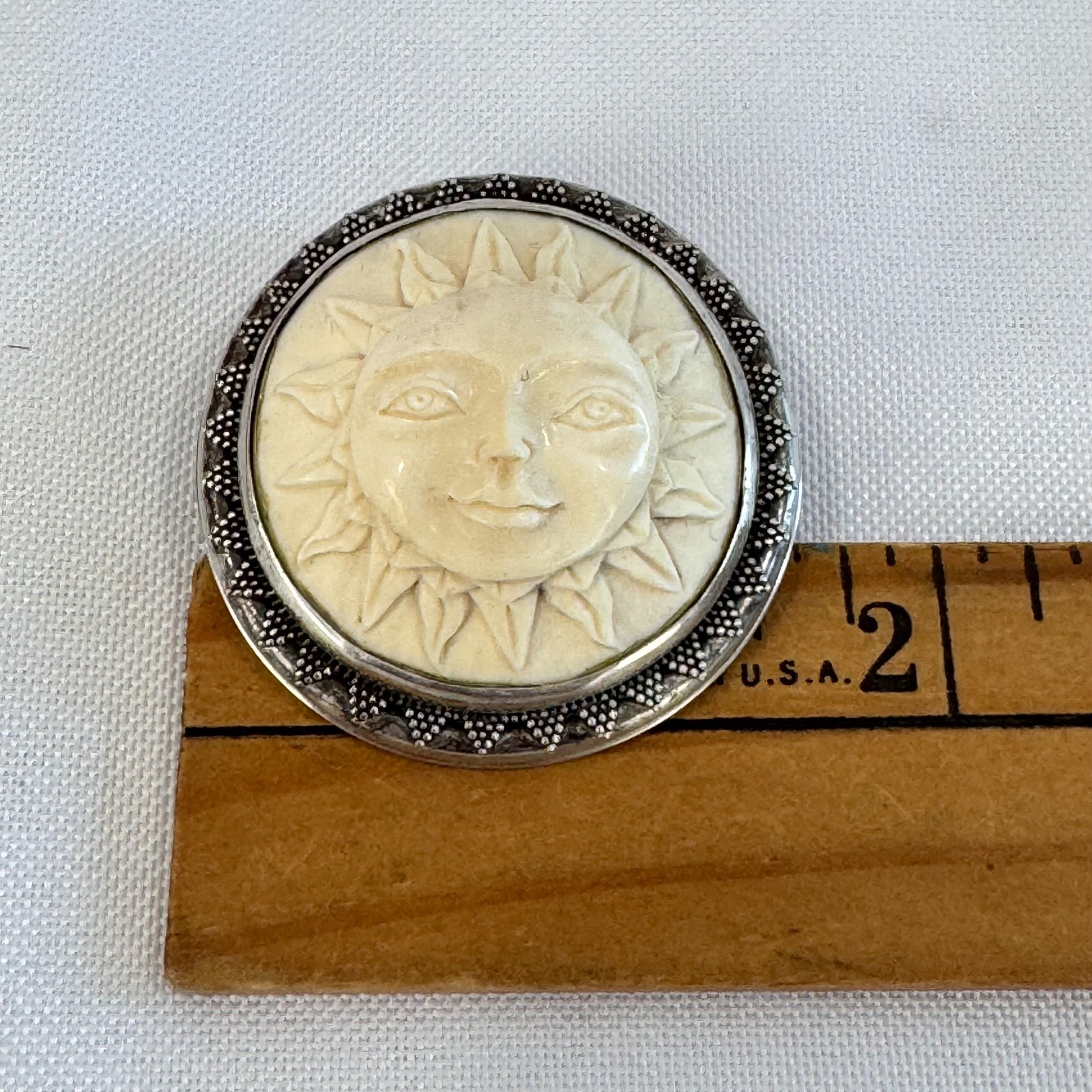 Korite Vintage 925 Sterling Silver Carved Sun Face Pin Brooch Pendant