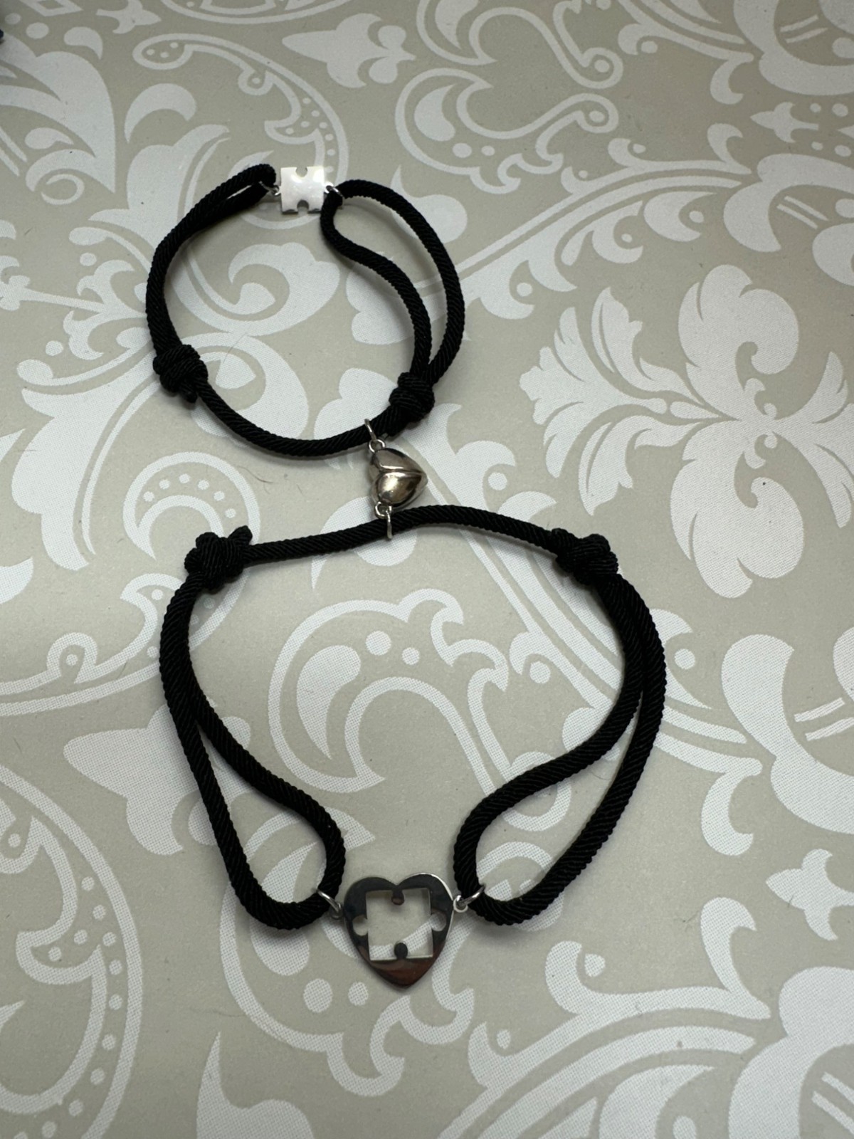 Double Strand Black Corded Silver Heart Puzzle Bracelet New in Box