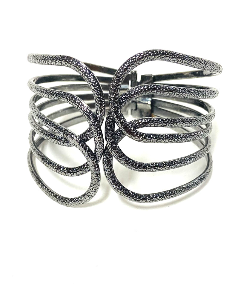 Metal Hinged Cuff Bracelet Textured Charcoal Gray Contemporary Rounded Bands