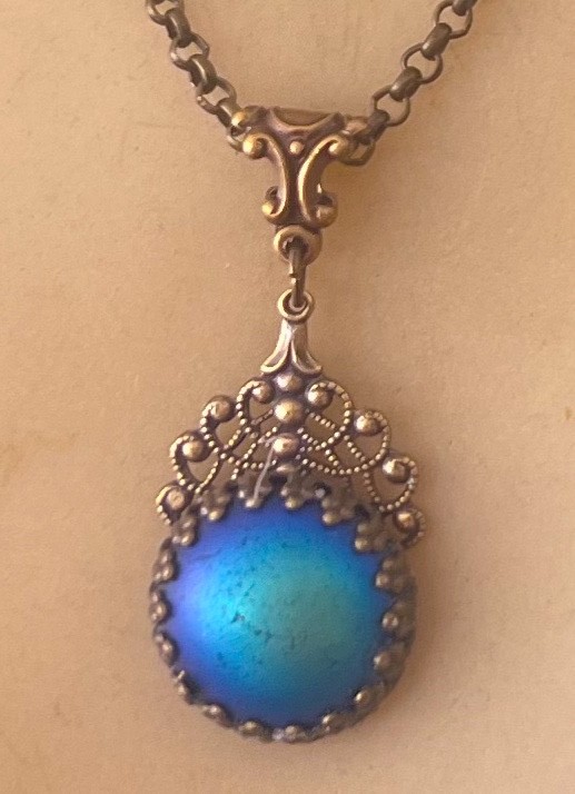 Peacock Blue Necklace Victorian Revival Delicate Bras Floral Czech Glass Pendant