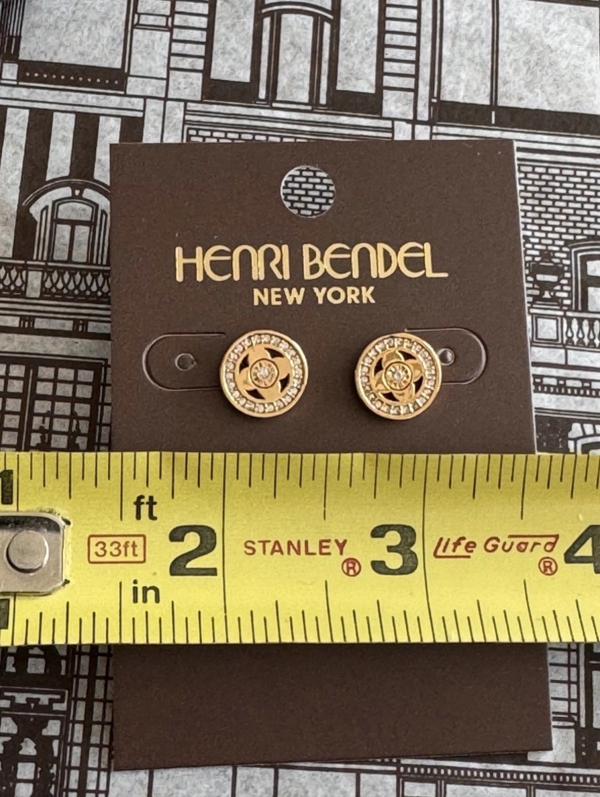 NEW Henri Bendel Pave Signature Stud Round Shape Earrings New! Yellow Gold Color