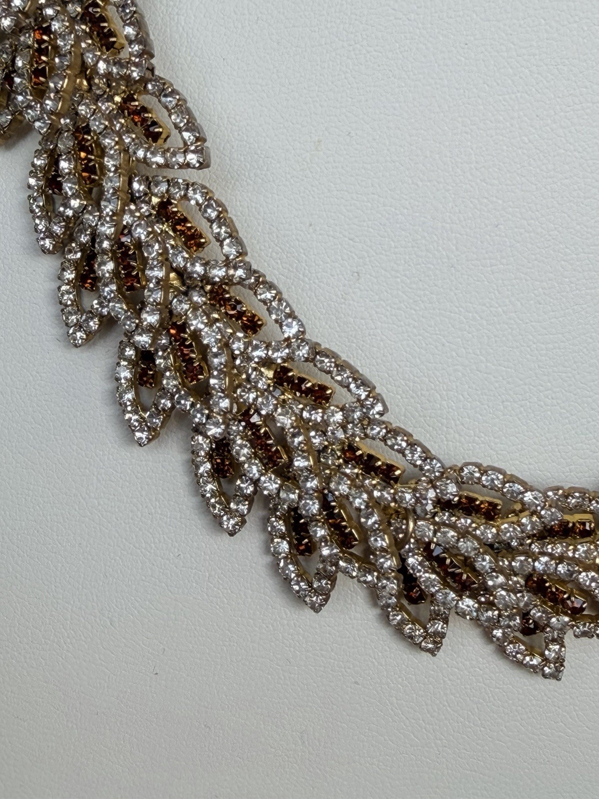 50’s-60’s Collar Statement Necklace, Laurel Leaf Motif & Prong Set Rhinestones