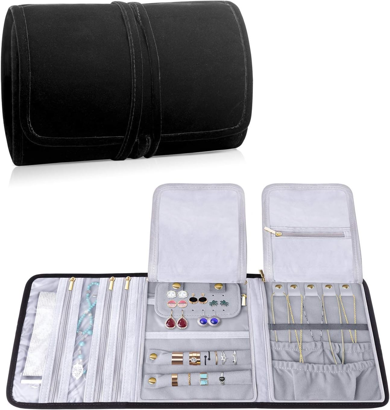 Velvet Travel Jewelry Roll, Jewelry Storage Bag Organizer for Necklaces